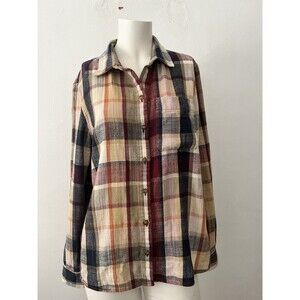 L.L. Bean Signature Flannel Button Down Shirt Country Green Red Medium Women's